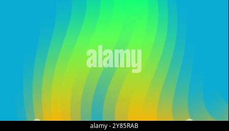 Image of waves of orange and green curved lines moving on blue background Stock Photo