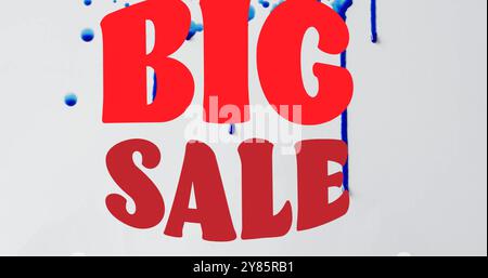 Image of big sale text in red over blue paint splash on white Stock Photo