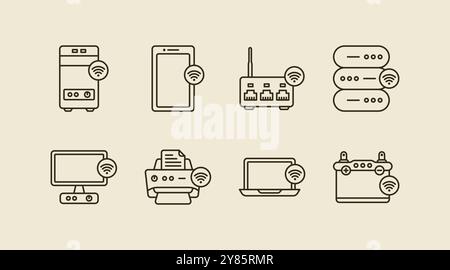 Smart device with wifi access or connection represent line illustration icon set design Stock Vector