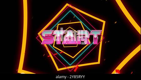 Image of start text in pink metallic letters over colourful hexagon tunnel on black background Stock Photo