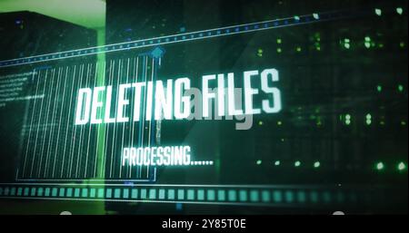 Image of deleting files, processing text on interface over computer servers Stock Photo