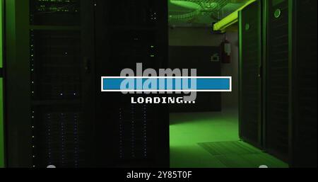 Image of loading text and time bar over dark server room Stock Photo