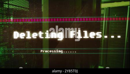 Image of deleting files, processing text on interface screen over computer server room Stock Photo