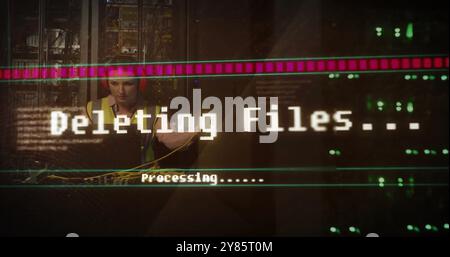 Image of deleting files, processing text over caucasian female technician in server room Stock Photo