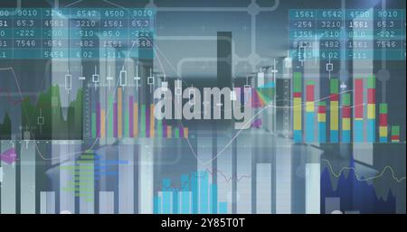 Image of graphs and charts processing data over server room Stock Photo