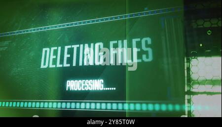 Image of deleting files, processing text on interface over computer server Stock Photo