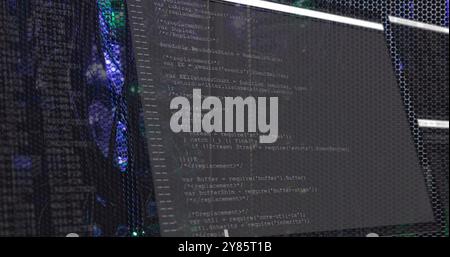 Image of data processing on interface over glowing computer servers Stock Photo