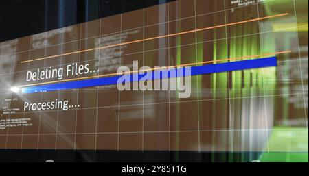 Image of deleting files, processing text on interface over server room Stock Photo