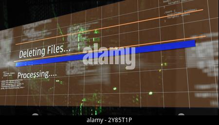 Image of deleting files, processing text on interface over server room Stock Photo