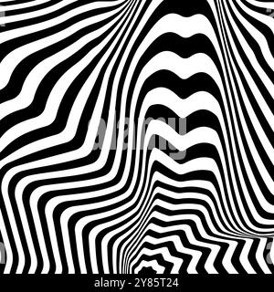 Psychedelic pattern with distorted black and white stripes. Hypnotic visual illusion. Abstract wallpaper. Modern groovy print. Hypnotherapy or trance Stock Vector