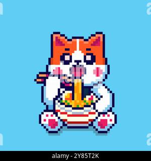 Pixel art Cute Cat Eating Ramen game asset design Stock Vector