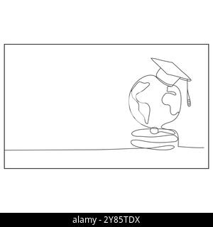 Graduated cup on globe Earth one line continuous. Line art graduated man. Hand drawn vector art. Stock Vector