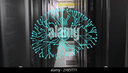 Image of circular ai scanner and motherboard brain network over computer server room Stock Photo