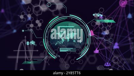 Image of scientific data processing and globe over dark background Stock Photo