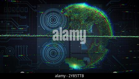 Image of scientific data processing and globe over dark background Stock Photo