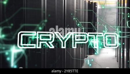 Image of crypto text over data processing and connections over computer servers Stock Photo
