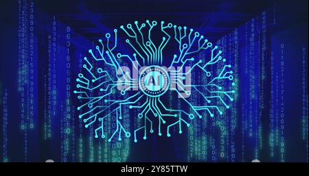 Image of circular ai scanner and motherboard brain network over blue computer servers Stock Photo