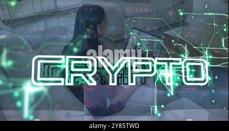 Image of crypto text over data processing and connections over biracial woman using laptop Stock Photo