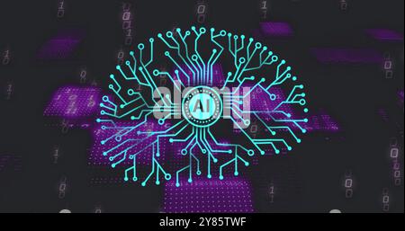 Image of circular ai scanner and motherboard brain network over processing data on black Stock Photo