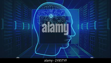 Image of circular ai scanner and brain network in head over blue computer server room Stock Photo