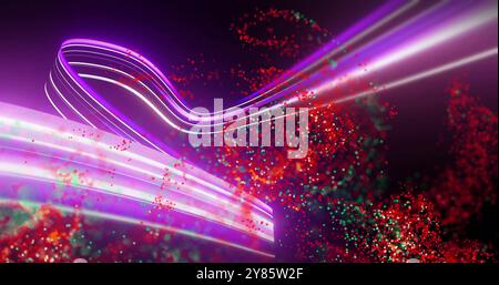 Colorful particles and light trails image over dark background Stock Photo