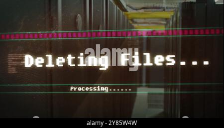 Image of deleting files, processing text on interface over server room Stock Photo