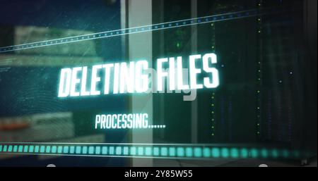 Image of deleting files, processing text on interface over server room Stock Photo