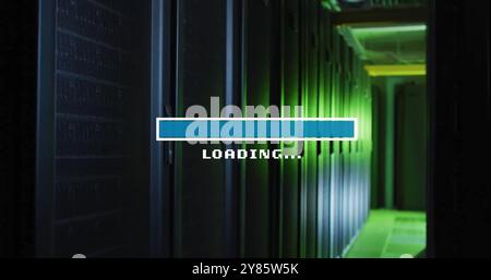 Image of loading text and time bar over dark server room Stock Photo