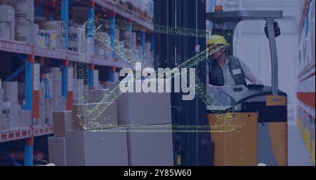 Image of envelope icon and digital data processing over caucasian man working in warehouse Stock Photo