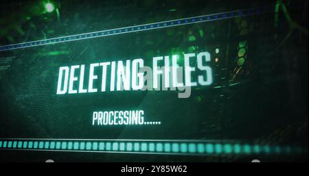 Image of deleting files, processing text on interface over computer server Stock Photo