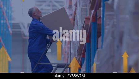 Image of arrows and digital data processing over caucasian man working in warehouse Stock Photo