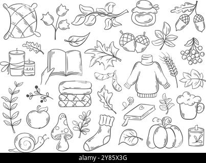 Collection of autumn elements and attributes in doodle sketch style. Hand drawn ink set of cozy autumn. Simple cute fall season icons, clip art vector Stock Vector