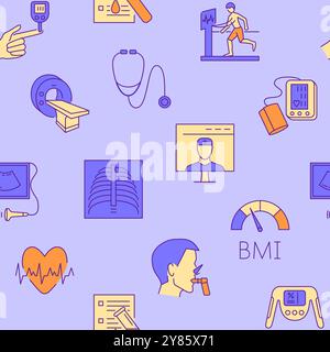 Health checkup seamless pattern. Medical background, healthcare and medicine symbols. Vector illustration. Stock Vector