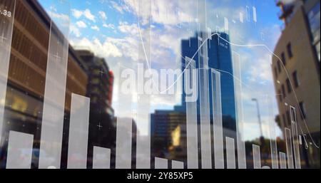 Financial bar chart and line graph image over cityscape with skyscrapers Stock Photo