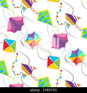 Pattern with colored flying kite, vector of kite sankranti, design cartoon celebration, holiday illustration, paper kites for decoration kids banner o Stock Vector