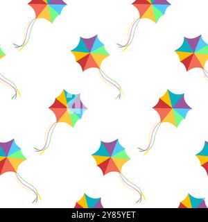Seamless pattern with bright flying kite on white, play paper cartoon, breeze and recreation, decoration sankranti, kites string vibrant, repetition c Stock Vector