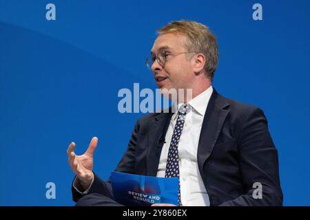 Sebastian Payne , 'Think Tank' Director conducts discussion on Main stage  with Lord Stephen Parkinson, (Baron Parkinson of Whitley Bay)  and Emma Revell , External Affairs Director at the CPS, at Conservative Conference 2024. The Conference ran from Sunday 29th September 2024 until Wednesday 2nd October 2024. Conservative conference  Birmingham UK Picture: garyroberts/worldwidefeatures.com Stock Photo