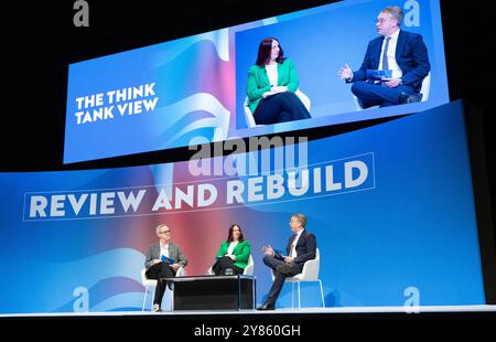 Sebastian Payne , 'Think Tank' Director conducts discussion on Main stage  with Lord Stephen Parkinson, (Baron Parkinson of Whitley Bay)  and Emma Revell , External Affairs Director at the CPS, at Conservative Conference 2024. The Conference ran from Sunday 29th September 2024 until Wednesday 2nd October 2024. Conservative conference  the ICC, Birmingham, (The International Convention Centre), UK Picture: garyroberts/worldwidefeatures.com Stock Photo