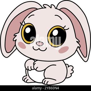 Zodiac Chinese rabbit animal of New Year sign icon. Asian kawaii cute style isolated illustration of mascot bunny. Adorable pink hare with big eyes st Stock Vector