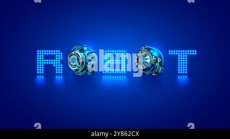 Word robot consists of glowing pixels, mechanical parts of mechanism on blue background. Letters O are in form of mechanical spheres consisting of rob Stock Vector