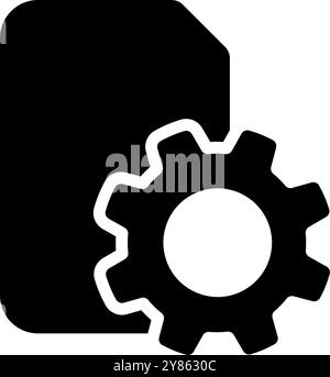 SIM card with a gear icon, representing mobile technology and settings. Black and white vector illustration. Stock Vector