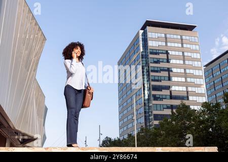 cheerful female entrepreneur talking on phone Stock Photo