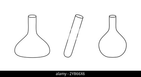 Set of chemical flasks, doodle style flat vector outline illustration for kids coloring book Stock Vector