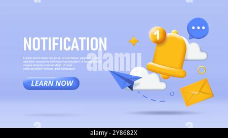 3D notification poster. Electronic mail and business correspondence. Bell, paper airplane and envelope. Landing webpage design. Isometric vector Stock Vector