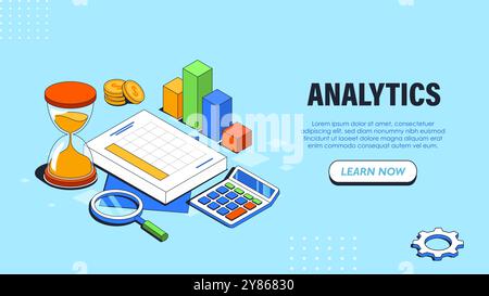 Analytics isometric poster. Magnifying glass, clipboard and hourglasses. Economics and financial literacy. Profit and statistics. Volumetric vector Stock Vector