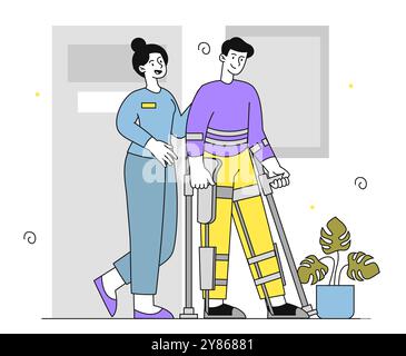 Man with exoskeleton rehabilitation. Woman in medical uniform helps young guy walk. Healthcare and medicine. Man with biomedical implant. Linear Stock Vector