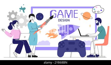 Game designers team. Man and woman with gamepad near monitor screen. Programmers and IT specialists write code for applications and programs. Linear Stock Vector