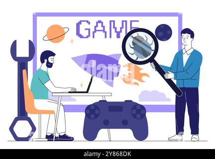 Game testers team. Man and woman with gamepad near monitor screen. Programmers and IT specialists write code for video games and arcades. Linear Stock Vector