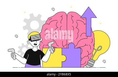 Boy with neurodiversity. Cute guy in virtual reality glasses near large brain. Development of cognitive abilities in children. Awareness and Stock Vector