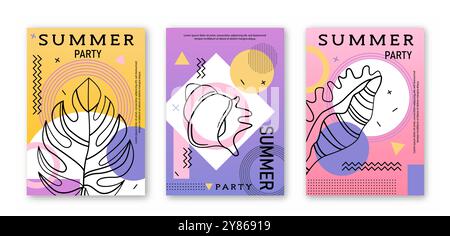 Summer party posters set. Tropical and exotic leaves. Minimalist creativity and art. Organic patterns and curved lines. Social media covers. Linear Stock Vector